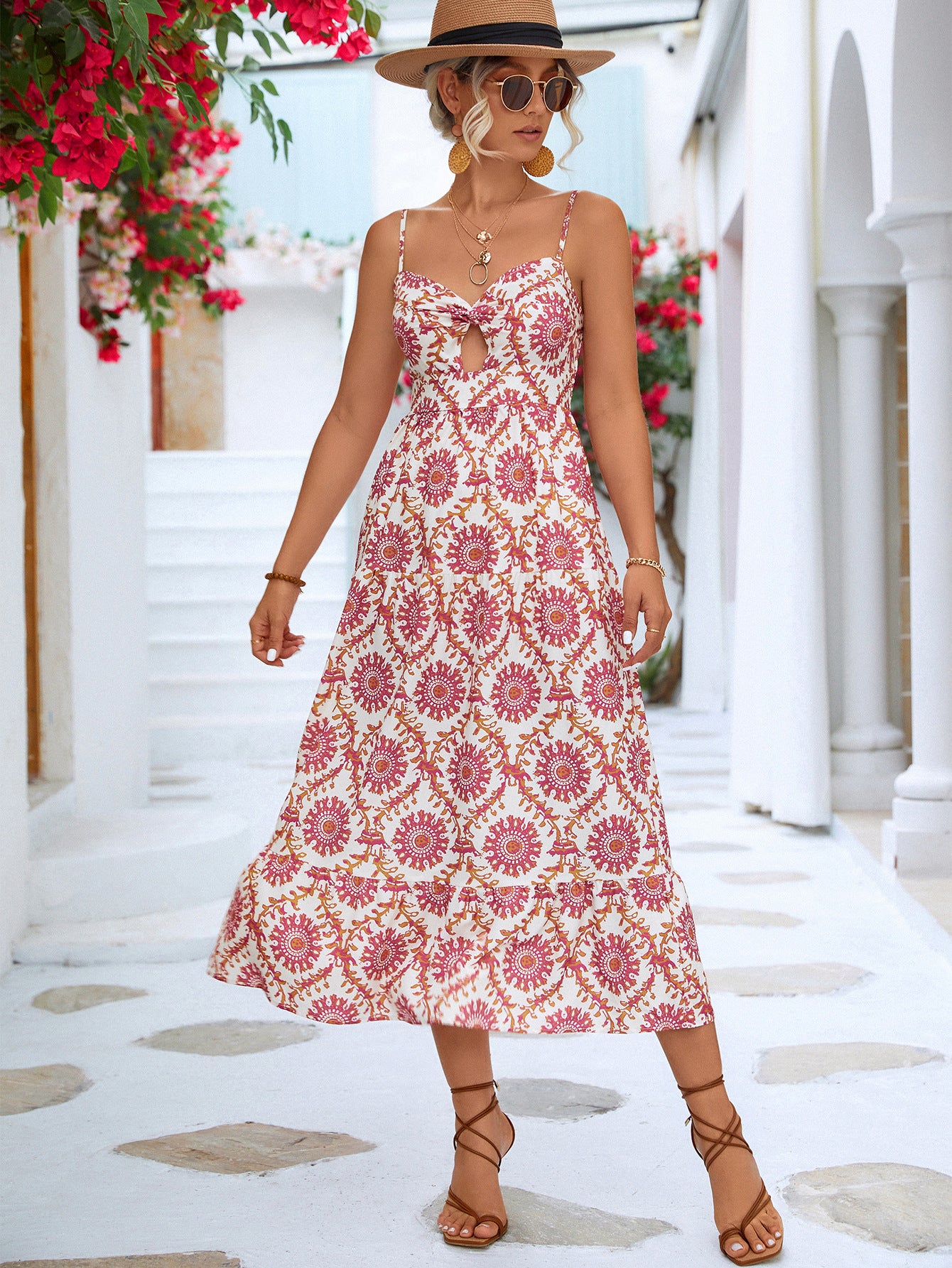 Summer 2025 A-line Floral-Strap Dress – Pink