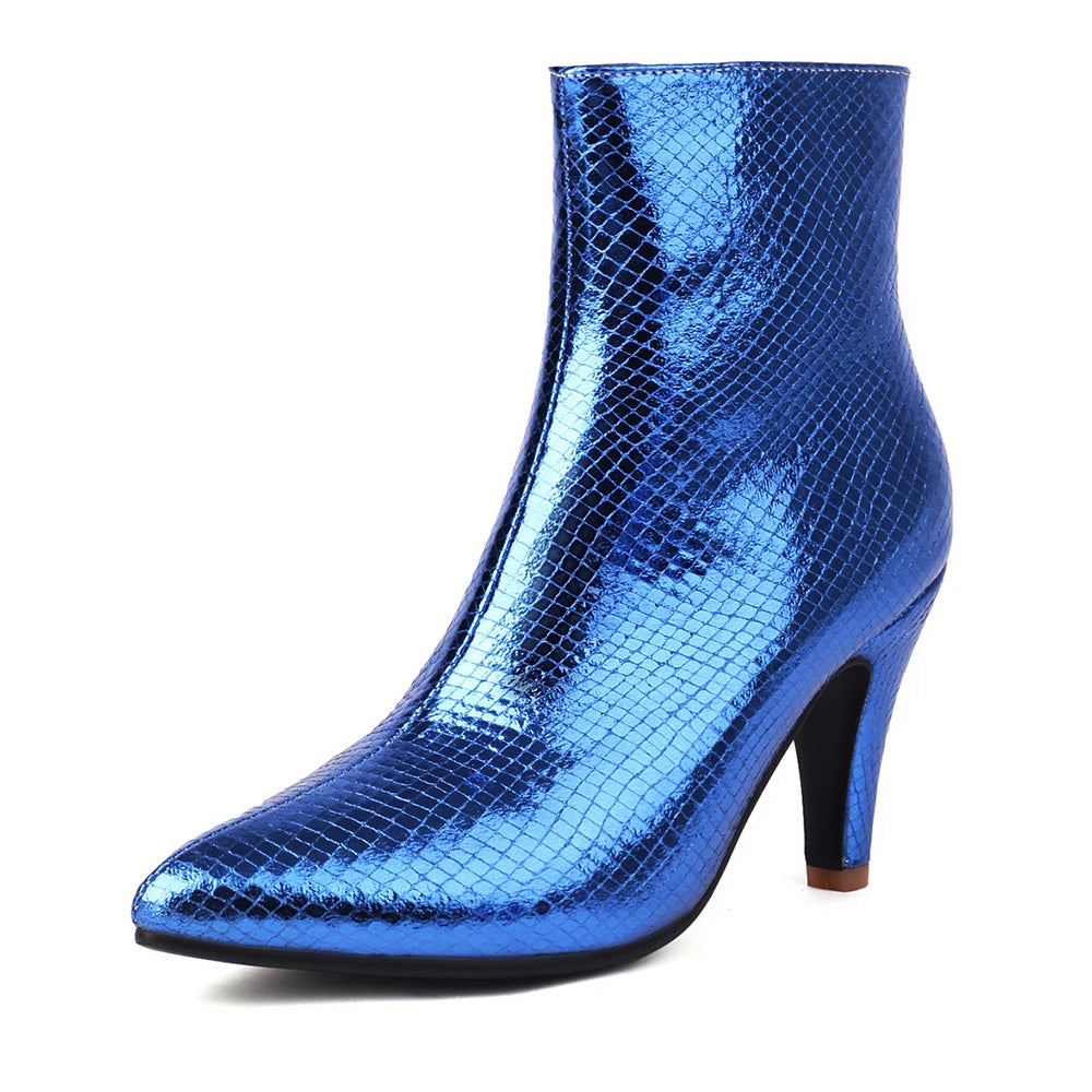 Shiny Metallic Ankle Boots | Pointed Toe Stiletto Heels with Zip Closure