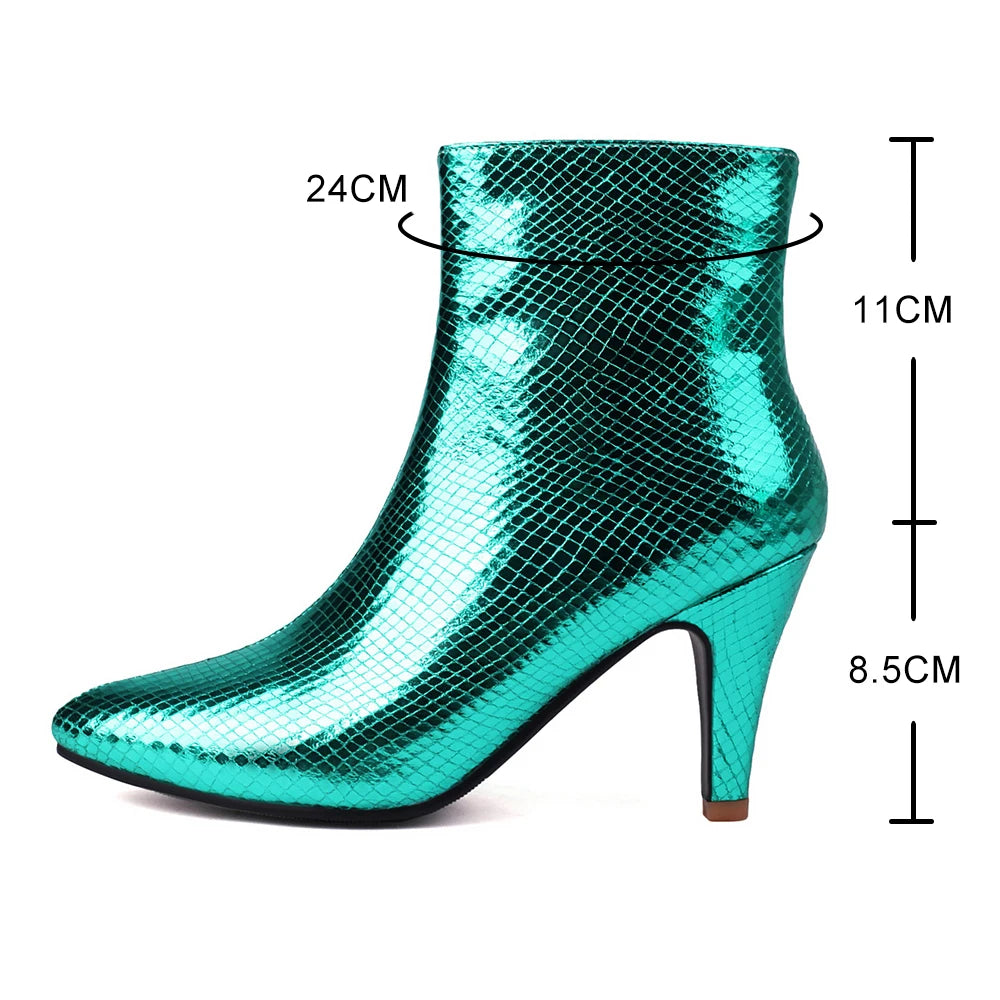Dames Glanzende Enkellaarsjes met Puntneus – Metallic Boots met Stiletto Hak en Rits