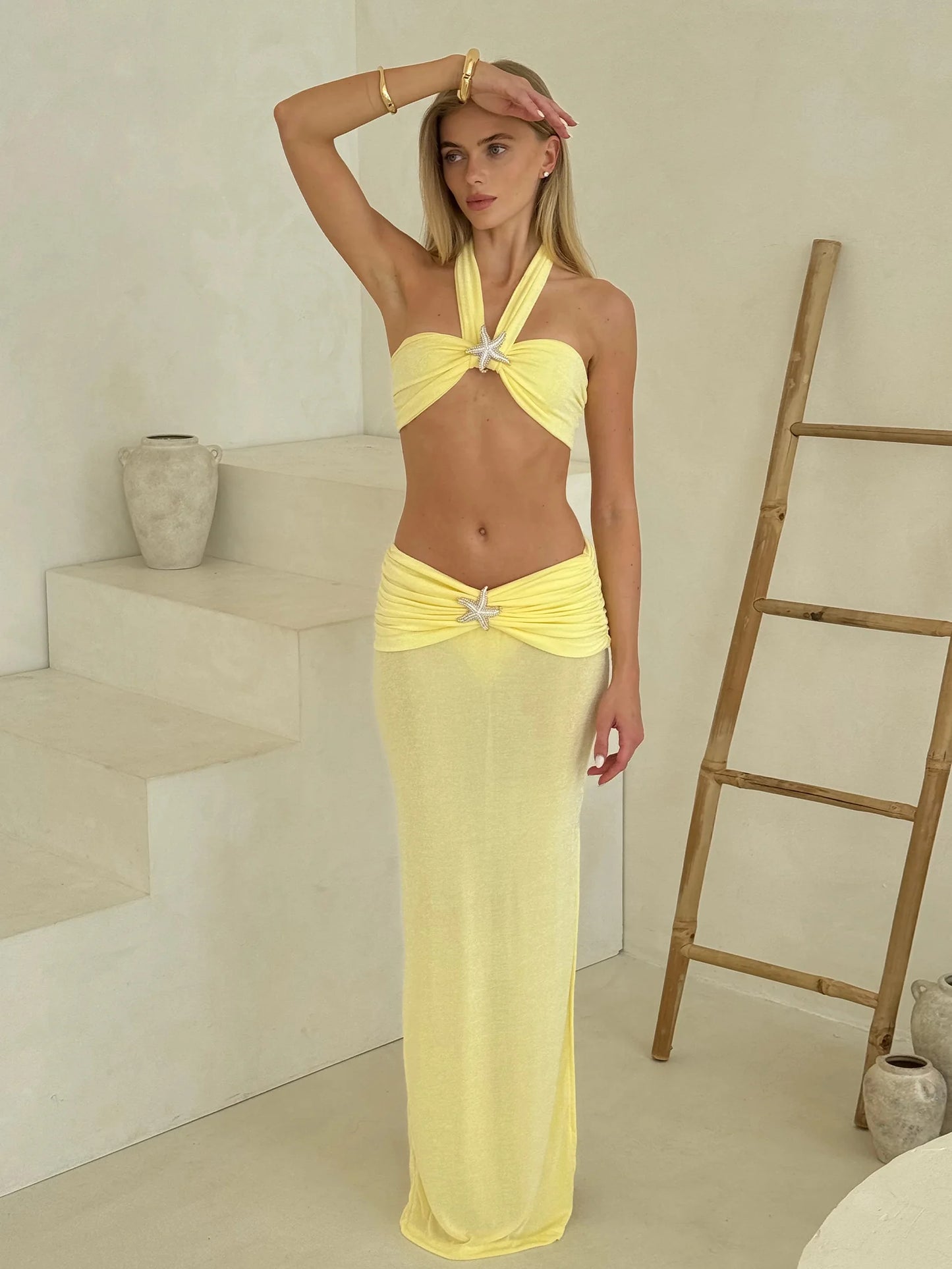 Elegant Gele 3-Delige Bikini Set met Bandeau Top en Rokje | Sexy en Stijlvol voor de Zomer