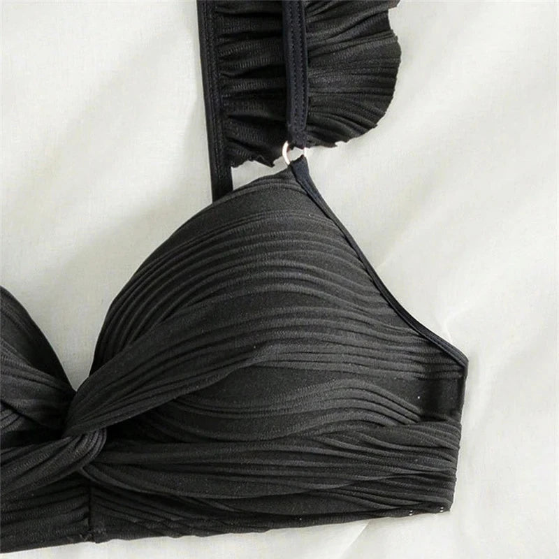 Ribgebreide Bikini met Ruffles | Sexy High Waist Badpakset voor Dames