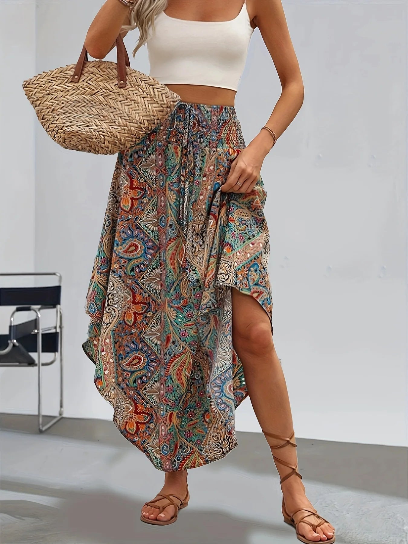 Bohemian Asymmetrische Rok – Hoge Taille Vrouwelijke Zomerrok met Bloemenprint