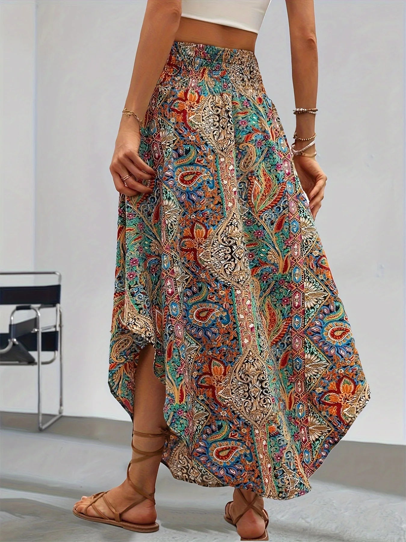 Bohemian Asymmetrische Rok – Hoge Taille Vrouwelijke Zomerrok met Bloemenprint