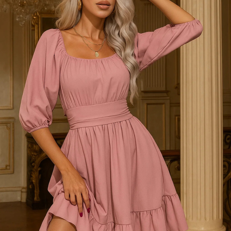 Zomerse Damesjurk met Vierkante Hals – Mini A-Lijn met Pofmouwtjes