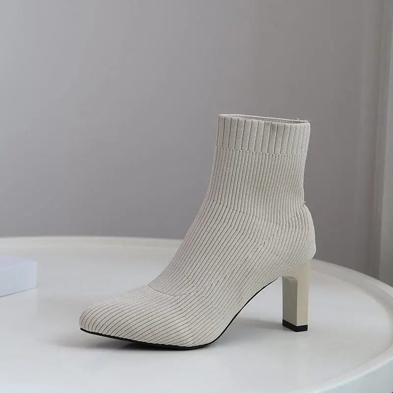 Dames Gebreide Ankle Boots met Puntneus – Elegante Elastische Sock Boots met Hak