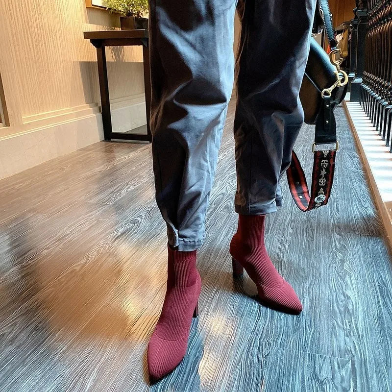 Dames Gebreide Ankle Boots met Puntneus – Elegante Elastische Sock Boots met Hak