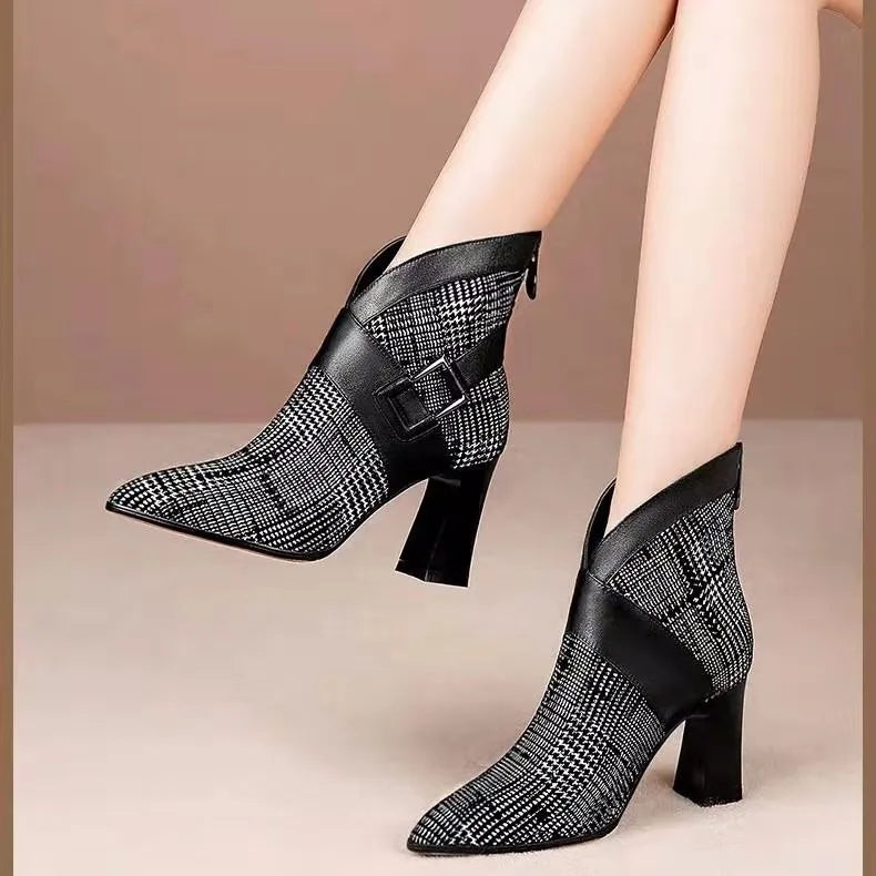 Dames Enkellaarsjes met V-Hals en Vierkante Hak – Elegante PU Lederen Hakken met Rits