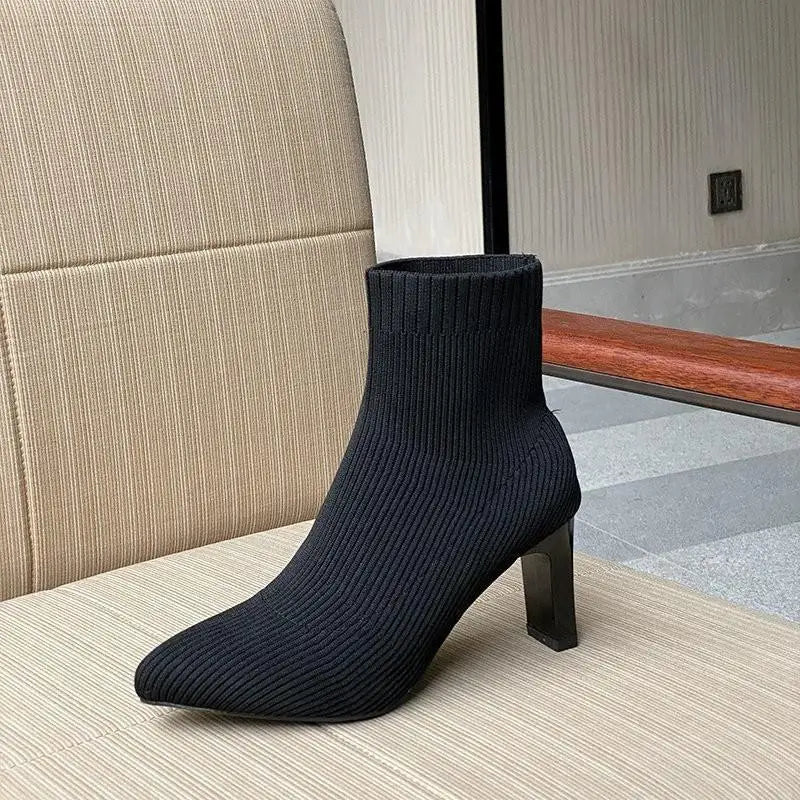 Dames Gebreide Ankle Boots met Puntneus – Elegante Elastische Sock Boots met Hak