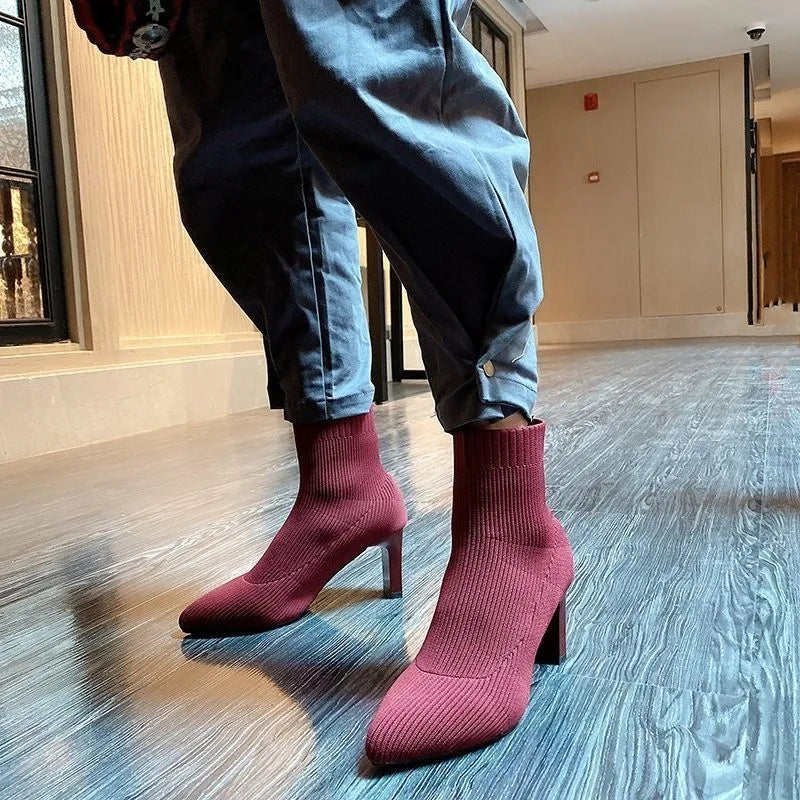 Dames Gebreide Ankle Boots met Puntneus – Elegante Elastische Sock Boots met Hak