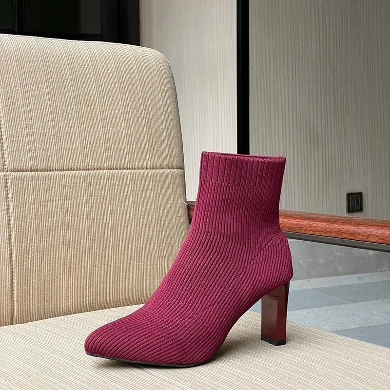 Dames Gebreide Ankle Boots met Puntneus – Elegante Elastische Sock Boots met Hak