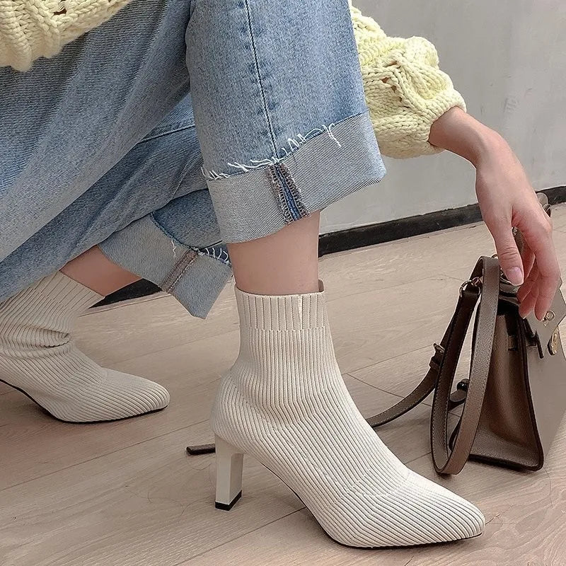 Dames Gebreide Ankle Boots met Puntneus – Elegante Elastische Sock Boots met Hak