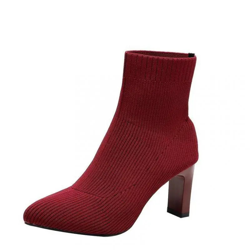 Dames Gebreide Ankle Boots met Puntneus – Elegante Elastische Sock Boots met Hak