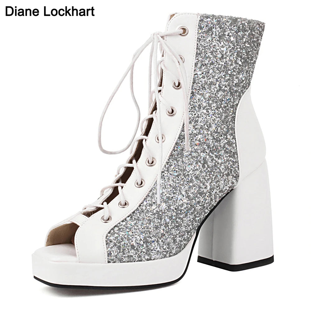 Dames Glanzende Open Teen Enkelboots – Vetersluiting, Netstof en Hoge Hak