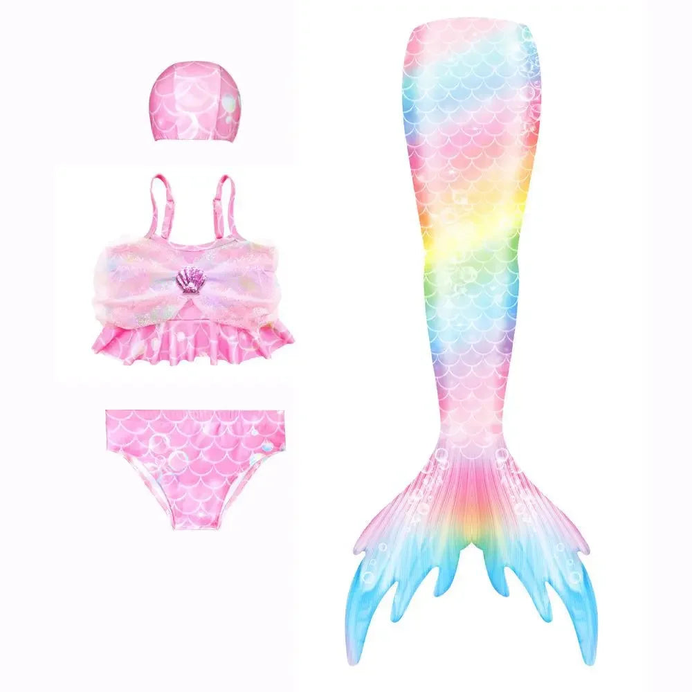 3-Piece Mermaid Swimsuit for Girls | Princess Style Bikini Set with Rainbow Tail | Kids Swimwear