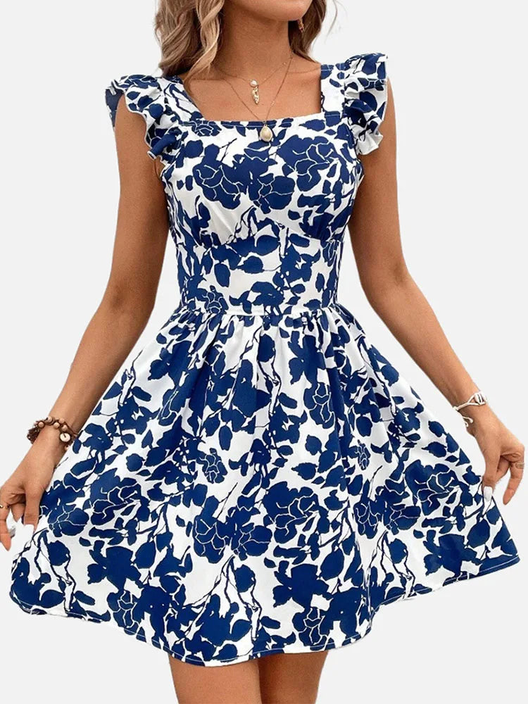 Zomerse Mini Jurk met Ruffles & Print – Casual A-lijn Jurk met Vlindermouwen