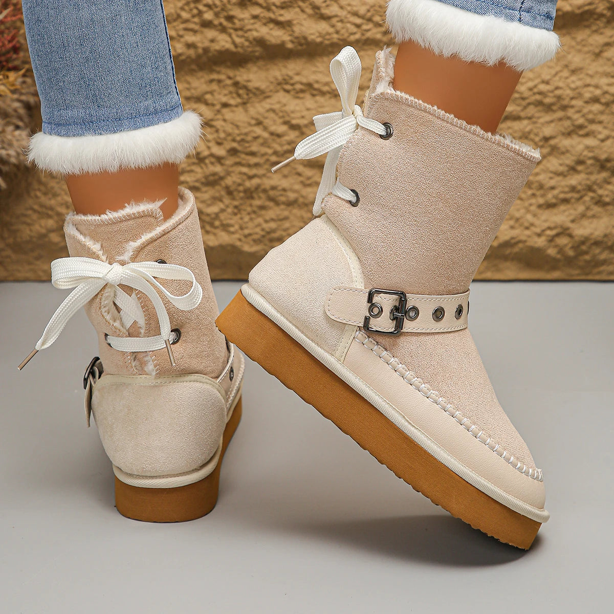 Women’s Snow Boots Winter 2025 | Ankle Boots with Rear Lacing & Buckle Detail