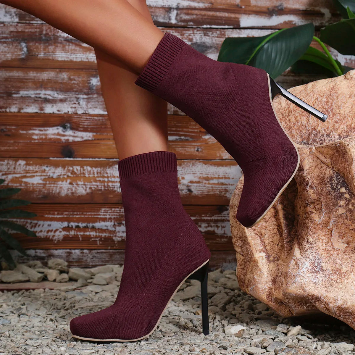 Women’s Sexy Stiletto Sock Boots with Square Toe | Stretch Knit Ankle Booties