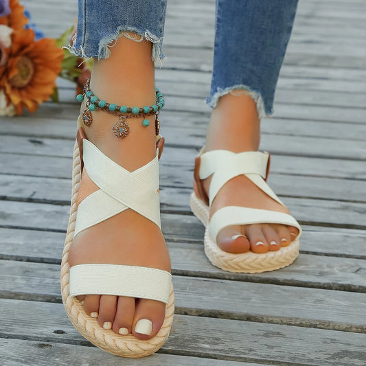 Dames Elastische Zomersandalen | Comfortabele Platte Antislip Slippers – Beige & Donkerkaki