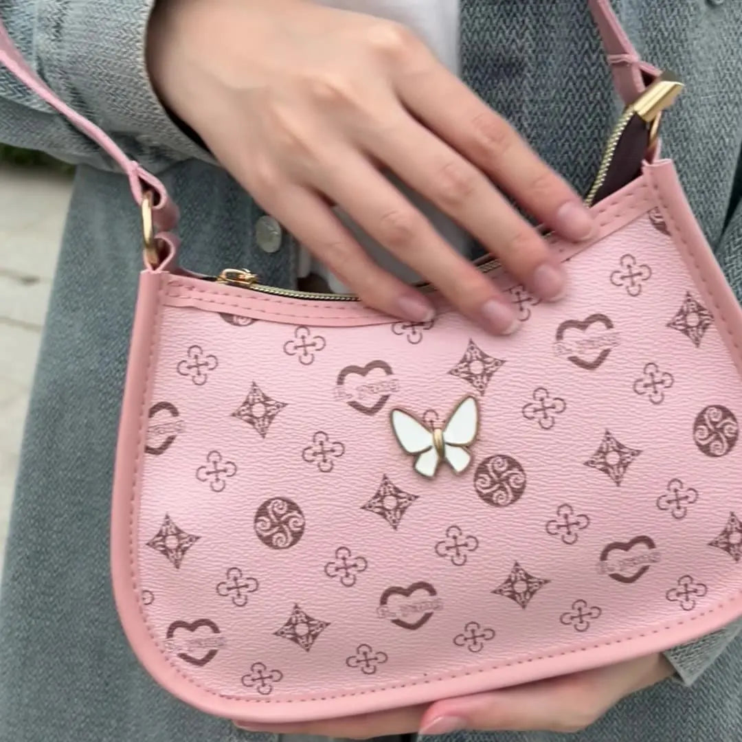 Halvemaan Schoudertas met Vlinder – Trendy PU Leren Onderarmtas voor Dames