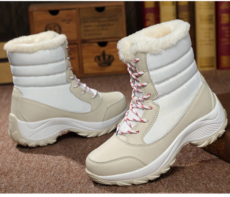 Warme Dames Winterlaarzen met Vetersluiting – Snowboots met Bontvoering | Waterafstotend PU | Antislip Zool | Zwart