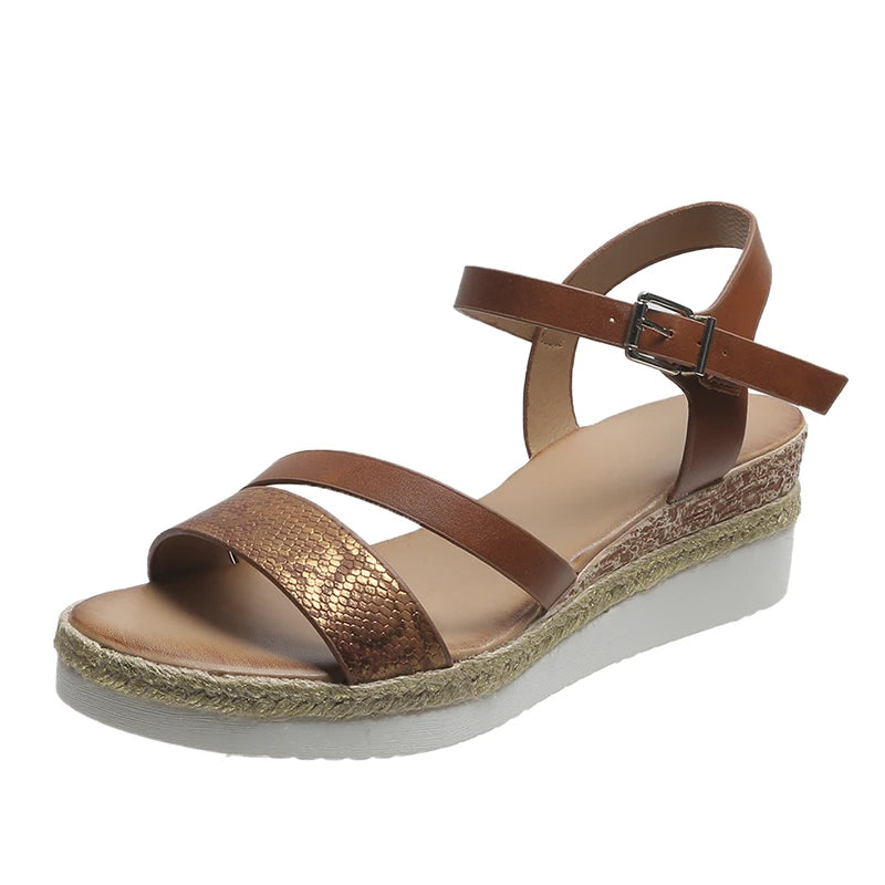 Women’s Summer Wedge Sandals with Buckle | Casual Open Toe Rome Style Flats