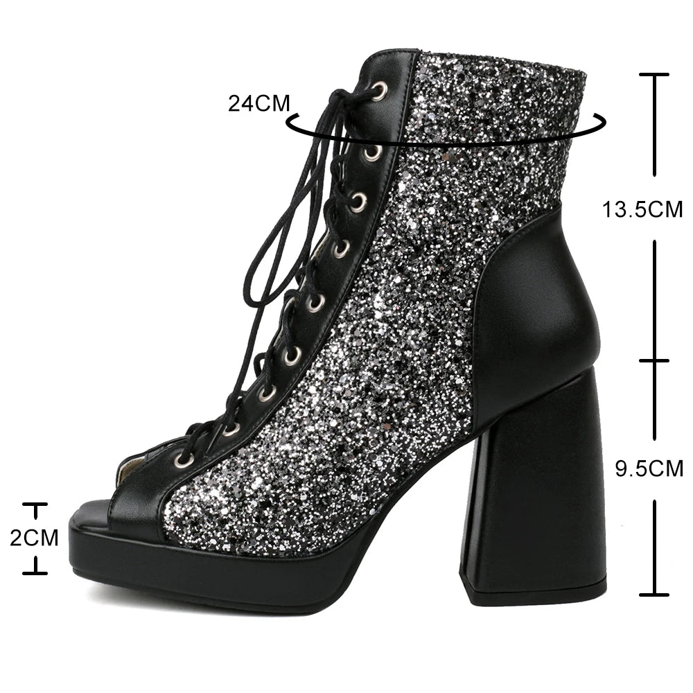 Dames Glanzende Open Teen Enkelboots – Vetersluiting, Netstof en Hoge Hak