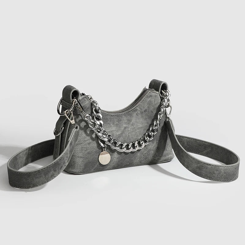 Trendtas 2025 – Denim Schoudertas met Ketting & Halvemaanvorm | Fashionable Armpittas voor Dames