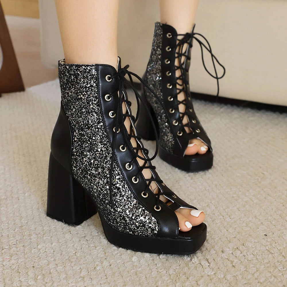 Dames Glanzende Open Teen Enkelboots – Vetersluiting, Netstof en Hoge Hak