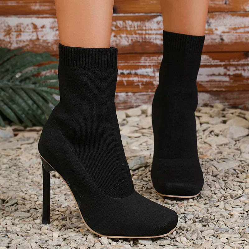 Women’s Sexy Stiletto Sock Boots with Square Toe | Stretch Knit Ankle Booties