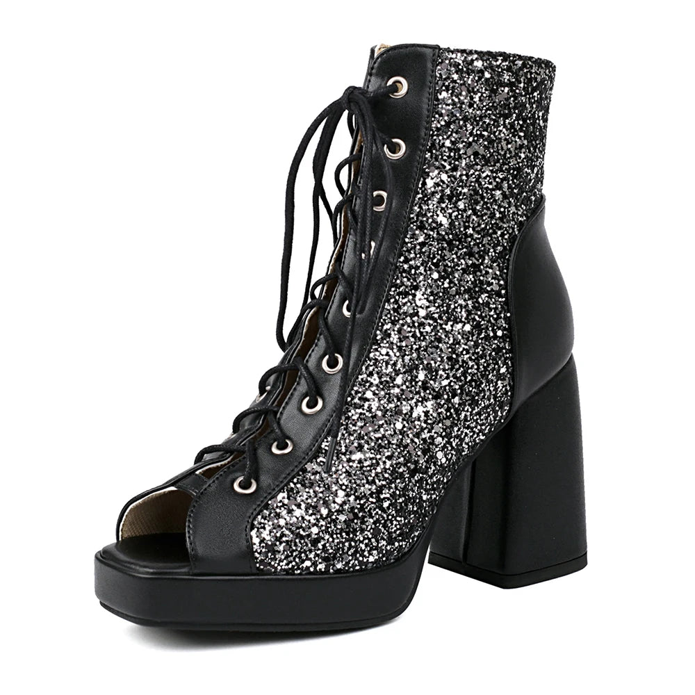 Dames Glanzende Open Teen Enkelboots – Vetersluiting, Netstof en Hoge Hak