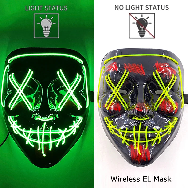 Draadloos LED Halloween Masker – Neon Glow in the Dark Masker met 3 Lichtstanden | 10 Kleuren | Unisex Volledig Gezicht