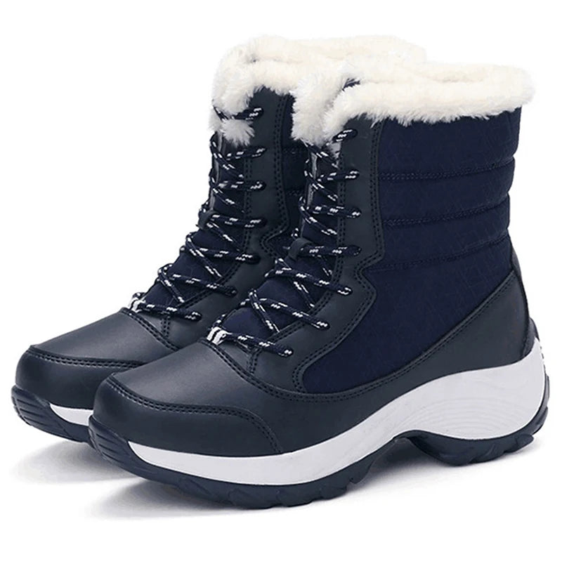 Warme Dames Winterlaarzen met Vetersluiting – Snowboots met Bontvoering | Waterafstotend PU | Antislip Zool | Zwart