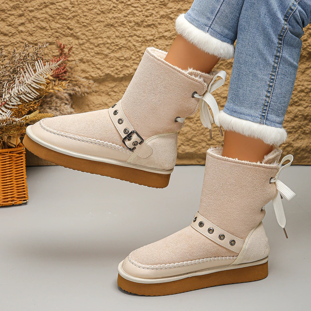 Women’s Snow Boots Winter 2025 | Ankle Boots with Rear Lacing & Buckle Detail