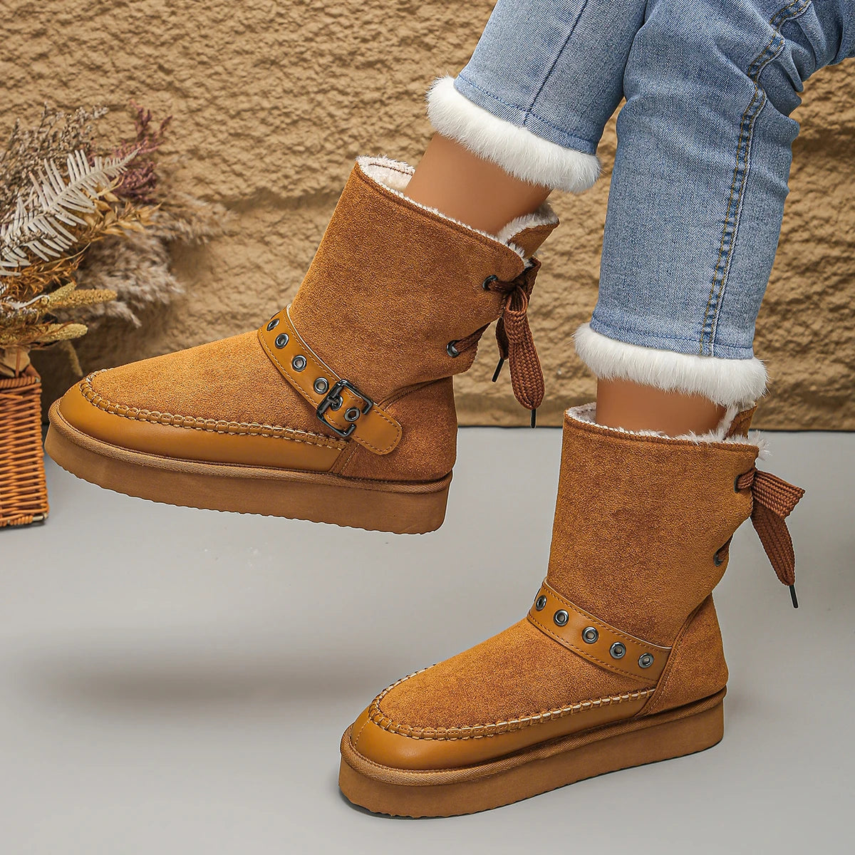 Women’s Snow Boots Winter 2025 | Ankle Boots with Rear Lacing & Buckle Detail