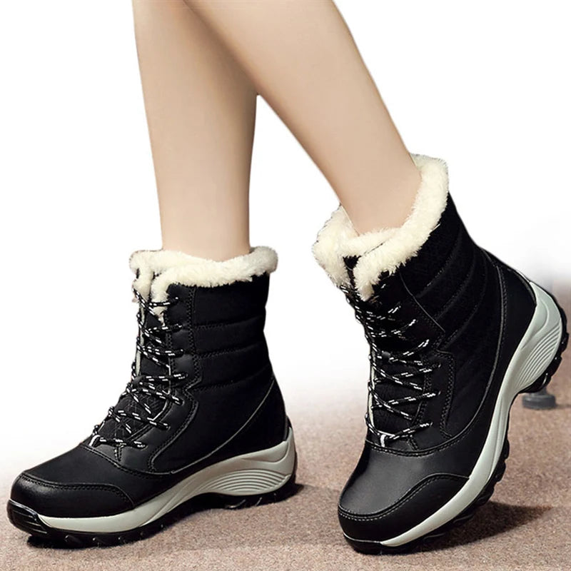Warme Dames Winterlaarzen met Vetersluiting – Snowboots met Bontvoering | Waterafstotend PU | Antislip Zool | Zwart