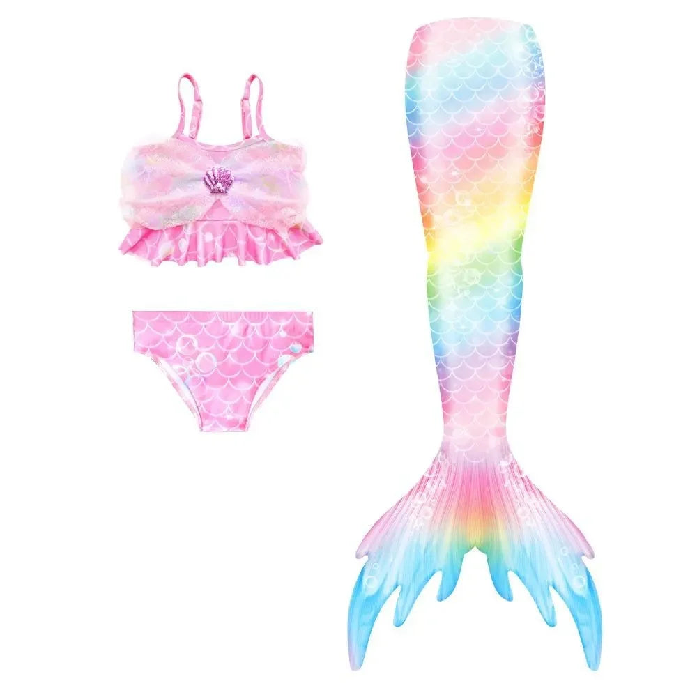 3-Piece Mermaid Swimsuit for Girls | Princess Style Bikini Set with Rainbow Tail | Kids Swimwear