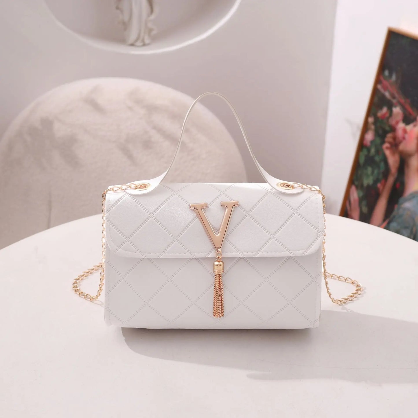 Trendy Damestas 2025 – V-vormige Geblokte Handtas met Ketting & Kwastje | Stijlvolle PU Schoudertas voor Dames | Meerdere Kleuren |