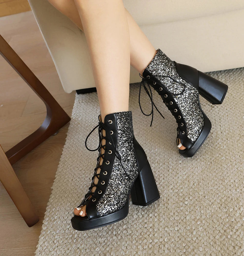 Dames Glanzende Open Teen Enkelboots – Vetersluiting, Netstof en Hoge Hak
