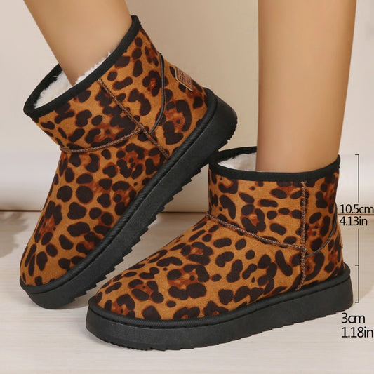 Dames Snowboots Winter 2025 | Leopard Print Slip-On Enkelboots met Plush Voering