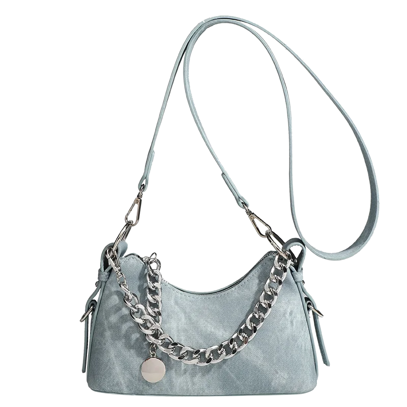 Trendtas 2025 – Denim Schoudertas met Ketting & Halvemaanvorm | Fashionable Armpittas voor Dames