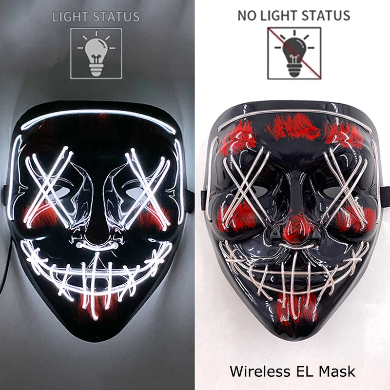 Draadloos LED Halloween Masker – Neon Glow in the Dark Masker met 3 Lichtstanden | 10 Kleuren | Unisex Volledig Gezicht