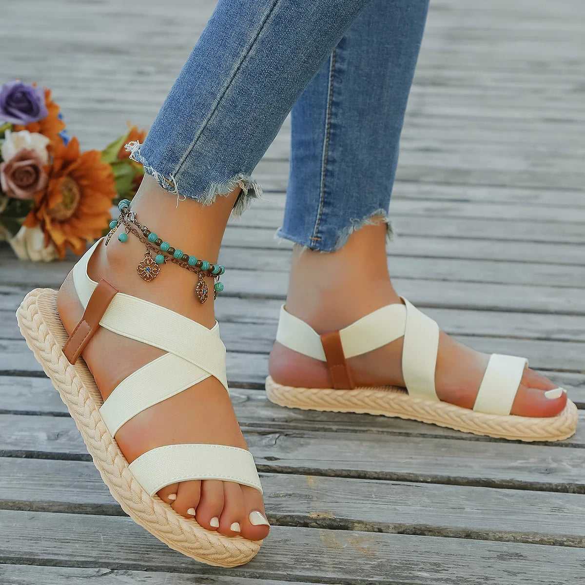Dames Elastische Zomersandalen | Comfortabele Platte Antislip Slippers – Beige & Donkerkaki