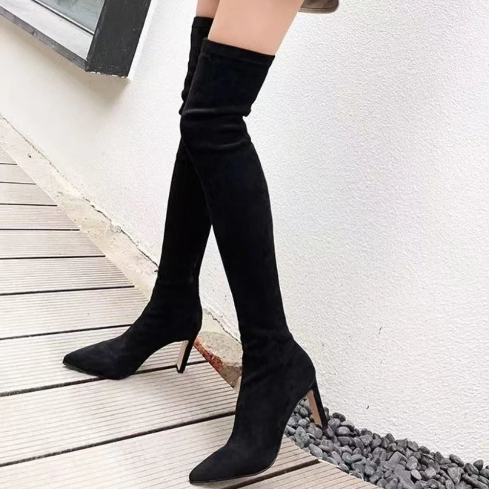 Women’s Over-the-Knee Boots Winter 2025 | Black Pointed Toe Stretch High Heel Boots