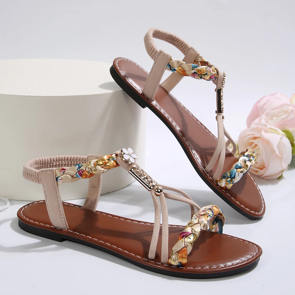 Women’s Gladiator Flat Sandals | Summer Floral Elastic Back Strap Sandals with Color Block Details