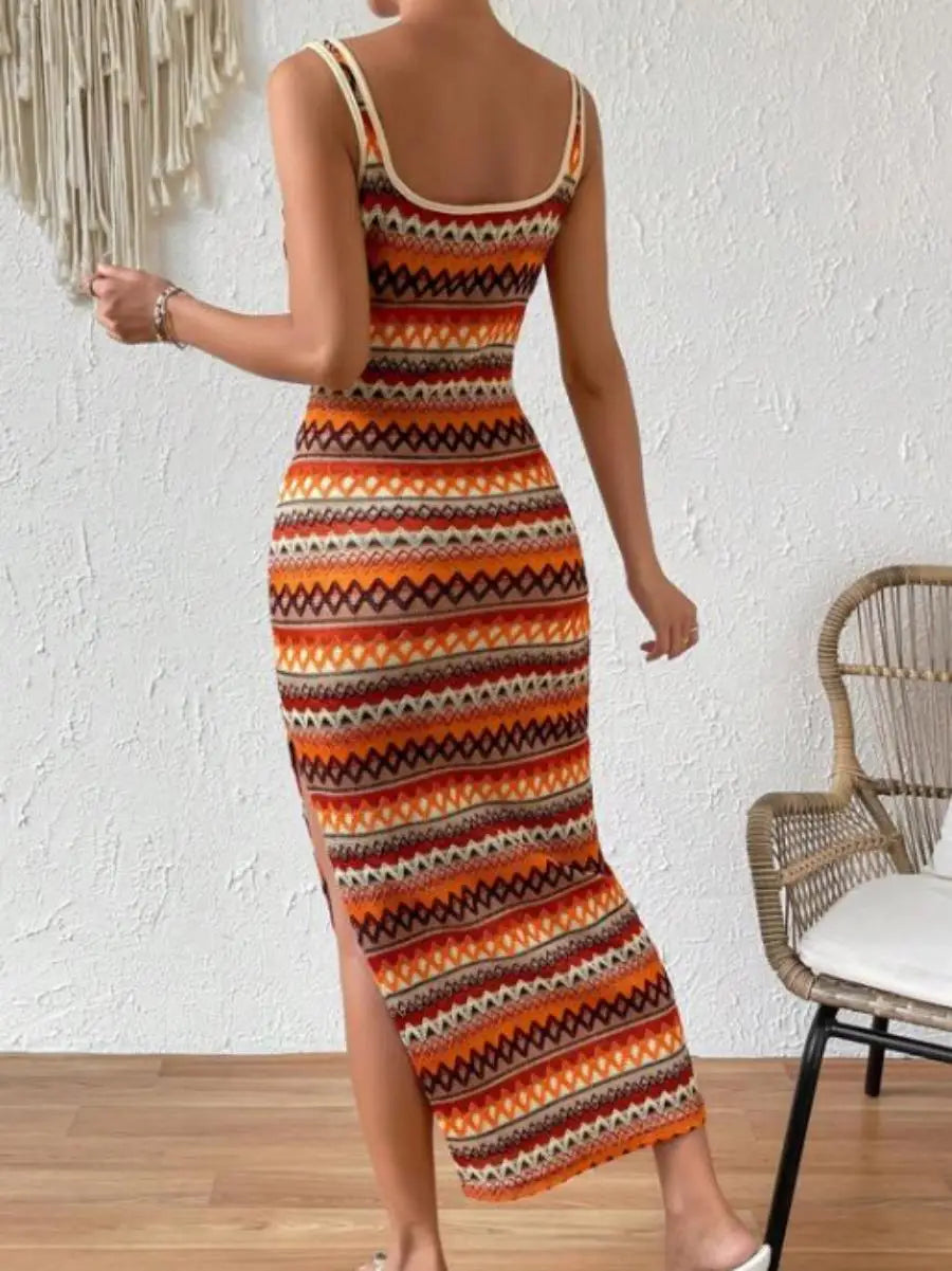 Zomerse Gestreepte Midi Jurk – Slim Fit, Stretch & Spaghettibandjes