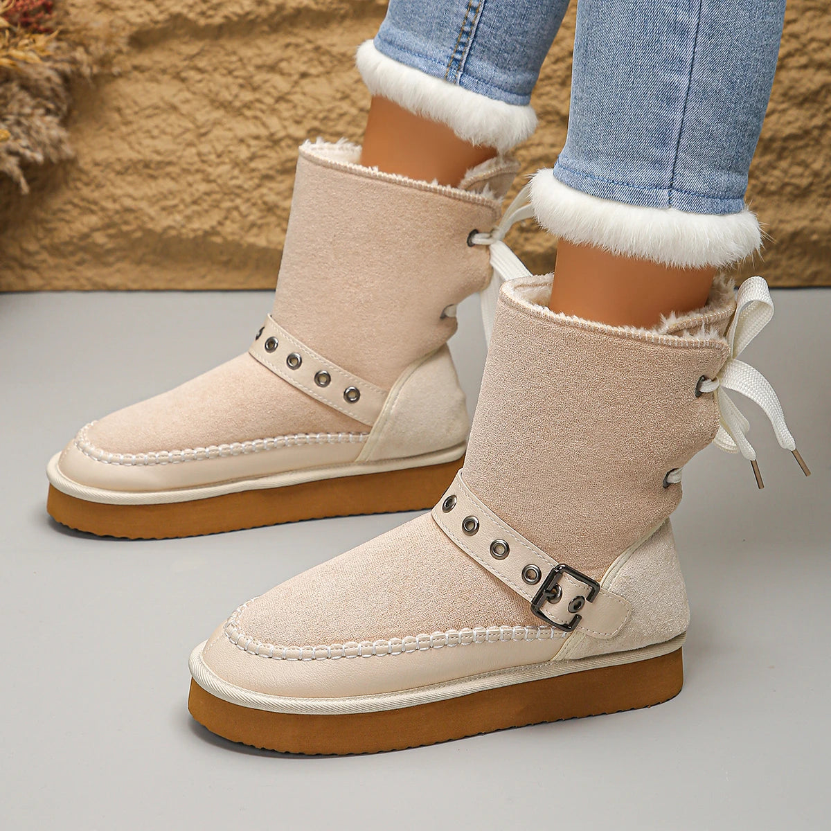Women’s Snow Boots Winter 2025 | Ankle Boots with Rear Lacing & Buckle Detail