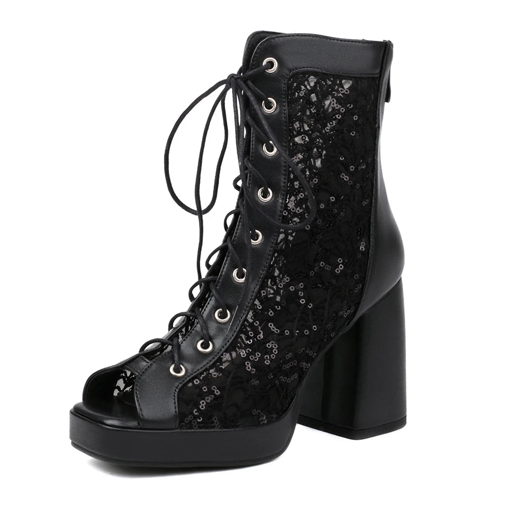 Dames Glanzende Open Teen Enkelboots – Vetersluiting, Netstof en Hoge Hak