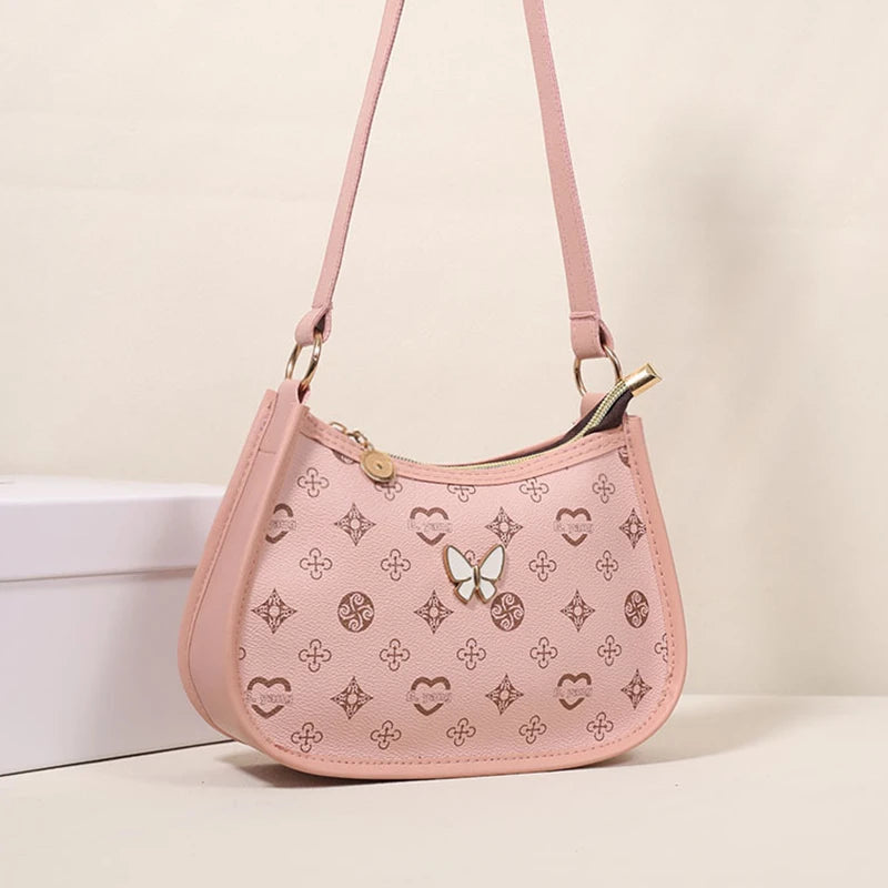 Halvemaan Schoudertas met Vlinder – Trendy PU Leren Onderarmtas voor Dames