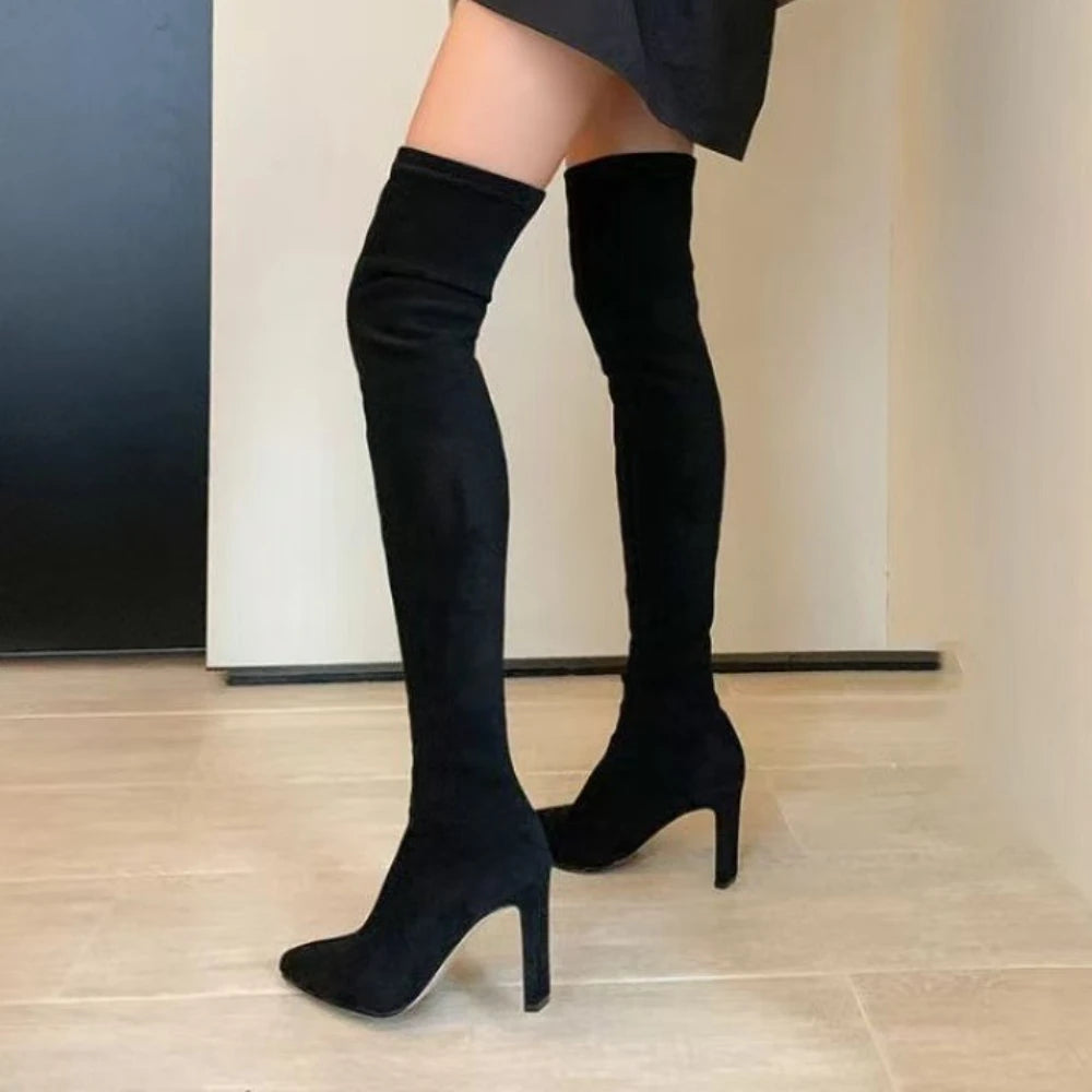 Women’s Over-the-Knee Boots Winter 2025 | Black Pointed Toe Stretch High Heel Boots