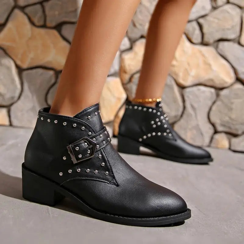 Women’s Retro Rivet Ankle Motorcycle Boots | Pointed Toe Thick Heel